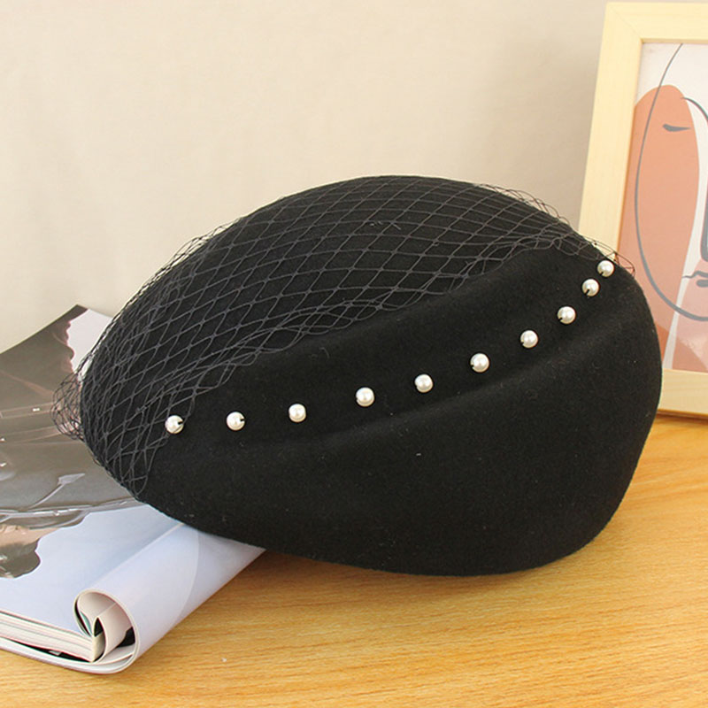 Béret français feutre de laine filet et perles – Image 3