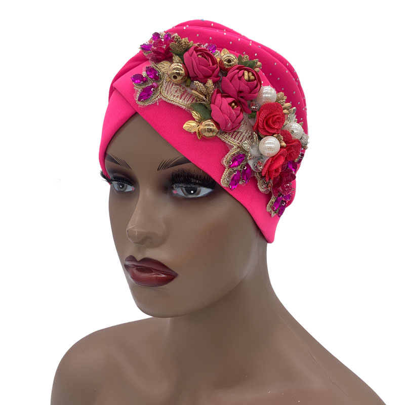 Bonnet turban broderie fleurs et perles – Image 2